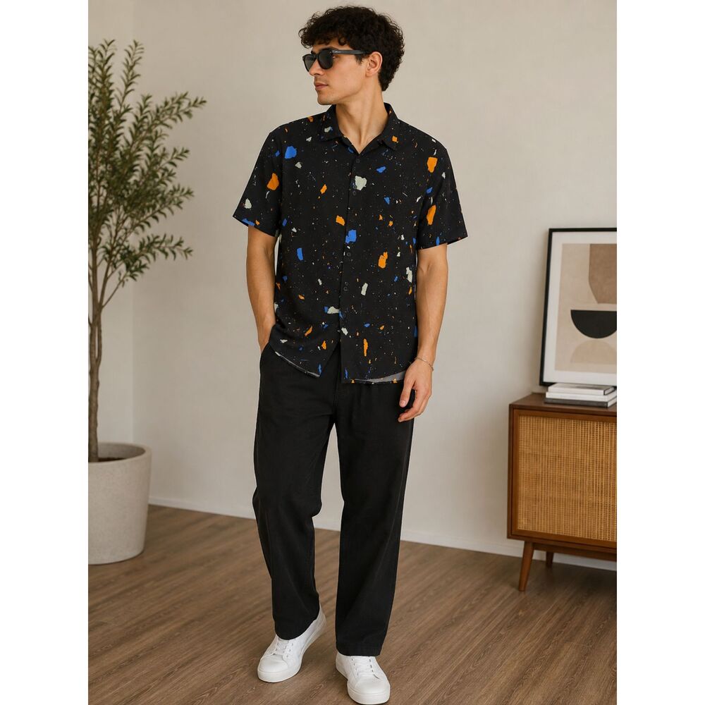 SHEIN Men’s Short Sleeve Abstract Print Button-Up Shirt – Size L